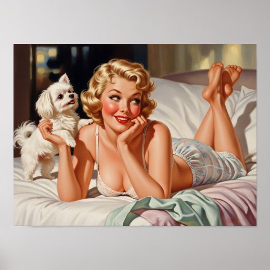 Poster Retro Girl with Maltese Dog 50's Pin-up Art (Devant)