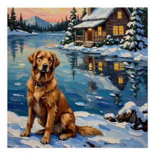 Poster Rétro Golden Retriever au bord du lac à Noël