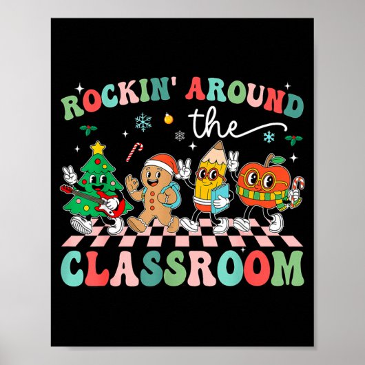 Poster Retro Groovy Teacher Christmas Rockin' Around The  (Devant)