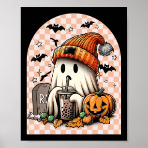 Poster Retro Halloween Cute Ghost Boire Citrouille de caf