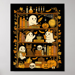 Poster Retro Livre Chat Noir Halloween Lecture Fantôme