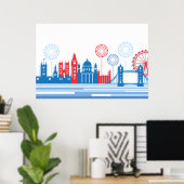 Poster Retro Londres Skyline avec Fireworks (Bureau à domicile)