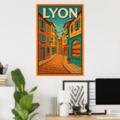 Poster Retro Lyon France Voyage : Moderne du milieu du si (Bureau à domicile)