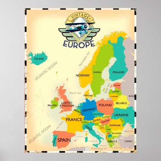 Poster Retro Map Of Europe. (Devant)