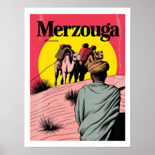 Poster Retro Merzouga sahara randonnée à dos de chameau m