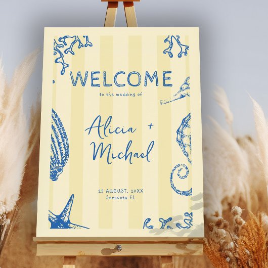 Poster Retro modern beach striped wedding welcome sign