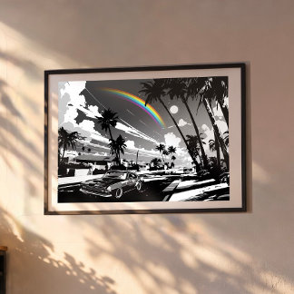 Poster Retro Muscle Car Hawaii Rainbow Modern Street Art