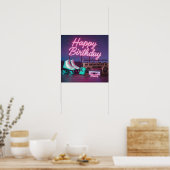 Poster Retro neon Joyeux Anniversaire signe en rose et tu (Cuisine)