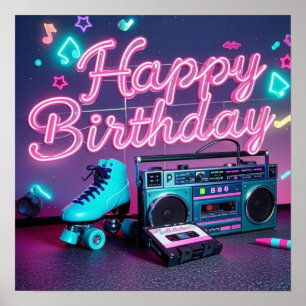 Poster Retro neon Joyeux Anniversaire signe en rose et tu