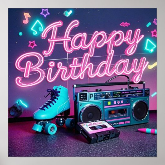 Poster Retro neon Joyeux Anniversaire signe en rose et tu (Devant)