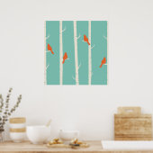 Poster Retro Orange Birds on Birch Trees Illustration (Cuisine)