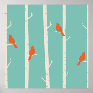 Poster Retro Orange Birds on Birch Trees Illustration
