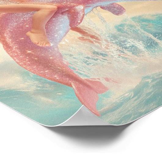 Poster Retro Pin-Up Girl à cheval un Dauphin rose étincel (Coin)