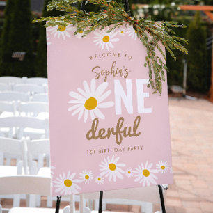 Poster Retro Pink Daisy ONE derful 1st Birthday Party