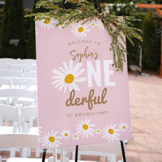 Poster Retro Pink Daisy ONE derful 1st Birthday Party