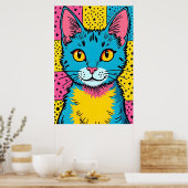 Poster Retro Pop Art 80's Style Blue Cat (Cuisine)