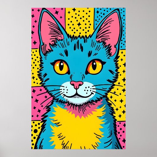 Poster Retro Pop Art 80's Style Blue Cat (Devant)