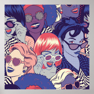 Poster Retro Pop Art Comic Girls Seamless Motif. Gestionn