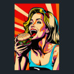 Poster Retro Pop Art Girl Manger Burger<br><div class="desc">Cette affiche présente un design amusant et d'inspiration rétro qui combine des éléments de pop art et de culture de diner vintage. L'image centrale est celle d'une fille grignotant joyeusement sur un hamburger juteux, entouré de graphismes audacieux et colorés. L'ensemble est ludique et apporte une touche de fantaisie à tout...</div>