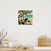 Poster Retro Pop Art Lady sur la plage (Cuisine)