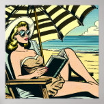 Poster Retro Pop Art Lady sur la plage<br><div class="desc">Bande dessinée pop art noir et jaune style ai art représentant une femme lisant un livre sur la plage dans des lunettes de soleil et portant un chapeau de soleil sous un parapluie.</div>