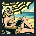 Poster Retro Pop Art Lady sur la plage<br><div class="desc">Bande dessinée pop art noir et jaune style ai art représentant une femme lisant un livre sur la plage dans des lunettes de soleil et portant un chapeau de soleil sous un parapluie.</div>