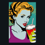 Poster Retro Pop Art Milkshake Girl<br><div class="desc">This features a playful,  retro-inspired design that combines elements of pop art and vintage diner culture. The central image is of a smiling girl holding a tall,  creamy milkshake,  surrounded by bold,  colorful graphics. The overall effect is fun and sure to add a touch of whimsy to any space.</div>