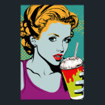 Poster Retro Pop Art Milkshake Girl<br><div class="desc">This features a playful,  retro-inspired design that combines elements of pop art and vintage diner culture. The central image is of a smiling girl holding a tall,  creamy milkshake,  surrounded by bold,  colorful graphics. The overall effect is fun and sure to add a touch of whimsy to any space.</div>