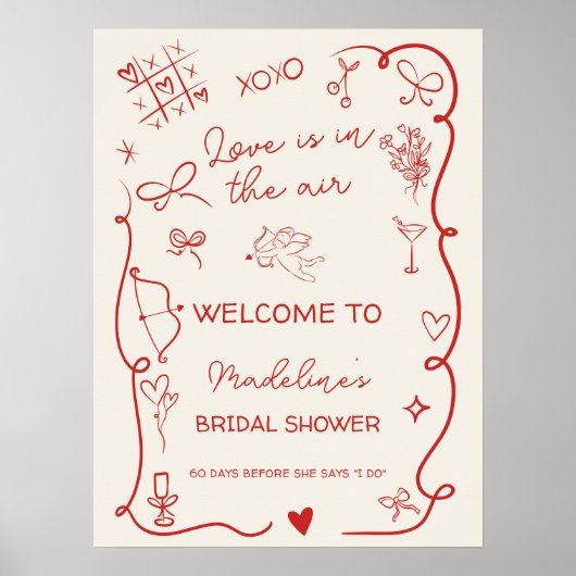 Poster Retro Red Love in the air welcome bridal shower (Devant)