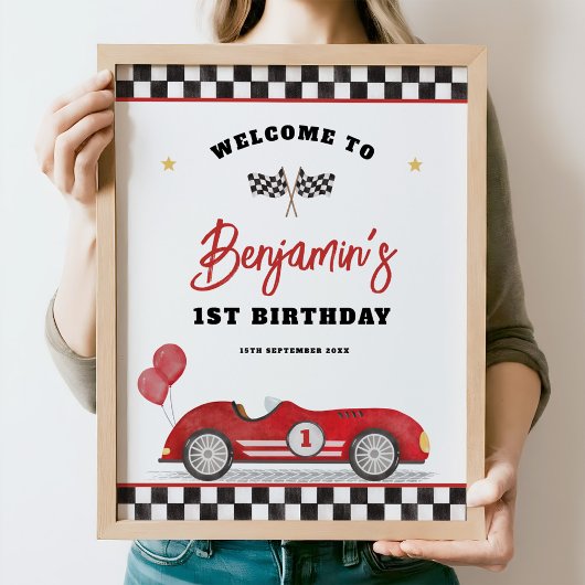 Poster Retro Red Race Car Fast One Anniversaire Bienvenue