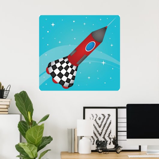 Poster Retro Red Rocket Ship in Space Galactic (Bureau à domicile)