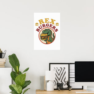 Poster Retro Rex Burgers T-Rex Mangeant Cheeseburger 70s