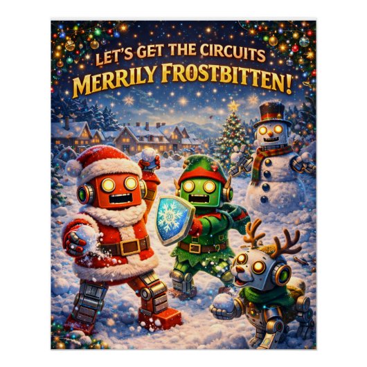 Poster Retro robot Christmas snowball fight greeting (Devant)