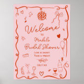 Poster Retro rose rouge illustré bienvenue douche nuptial (Devant)