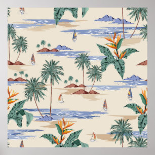 Poster Retro sans couture motif d'île tropicale à la lumi