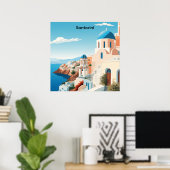 Poster Retro Santorin Grèce Méditerranée Bleu & Blanc (Bureau à domicile)