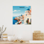 Poster Retro Santorini Greece Mediterranean Blue & White (Cuisine)