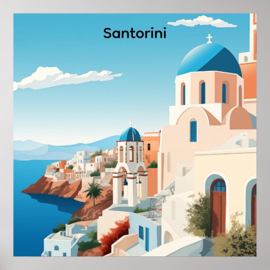Poster Retro Santorini Greece Mediterranean Blue & White (Devant)