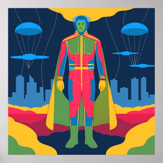 Poster Retro Sci-Fi Hero Over Cityscape (Devant)