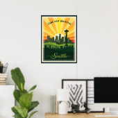 Poster Retro Seattle skyline with space needle at sunset (Bureau à domicile)