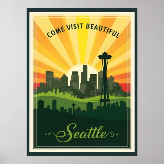 Poster Retro Seattle skyline with space needle at sunset (Devant)