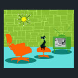 Poster Rétro Space Age Kitty<br><div class="desc">On dit que les chiens ont des propriétaires et les chats ont du personnel. Le félin sur cette affiche rétro Space Age Kitty ne pouvait pas être d'accord plus! Décoré dans un style minimaliste des années 1960, cet établissement propose un chat noir élégant dans un salon moderne du milieu du...</div>
