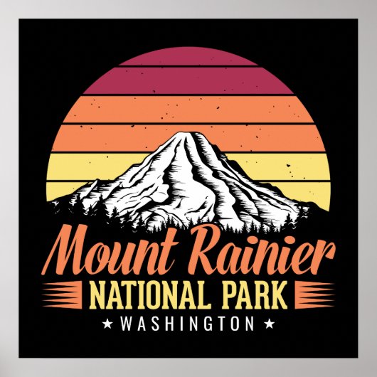 Poster Retro Sunset Mount Rainier Washington Illustration (Devant)