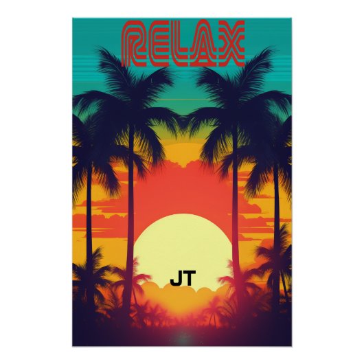 Poster Retro Sunset Tropical 80s Style brillant (Devant)