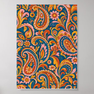 Poster Rétro Terracotta et Bleu Nuit Paisley Sans Couture