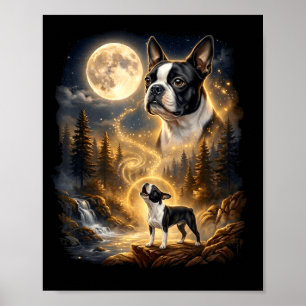 Poster rétro terrier de Boston hurlant à la lune