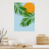 Poster Retro Tropical Sun Palm Feuille Bleu Minimal (Cuisine)