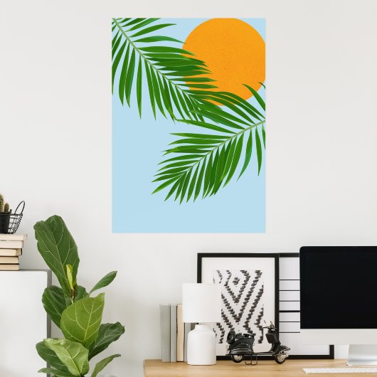 Poster Retro Tropical Sun Palm Feuille Bleu Minimal (Bureau à domicile)