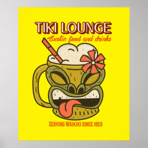 Poster Retro Waikiki Tiki Lounge Imprimer Brown
