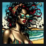 Poster Retro Woman on Beach Comédie Style Pop Art<br><div class="desc">Une jolie femme afro-américaine rétro en bikini assise sur la plage avec des lunettes de soleil aux couleurs vintages dans un style comique pop art.</div>